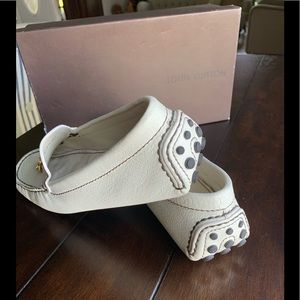 White leather driving loafers